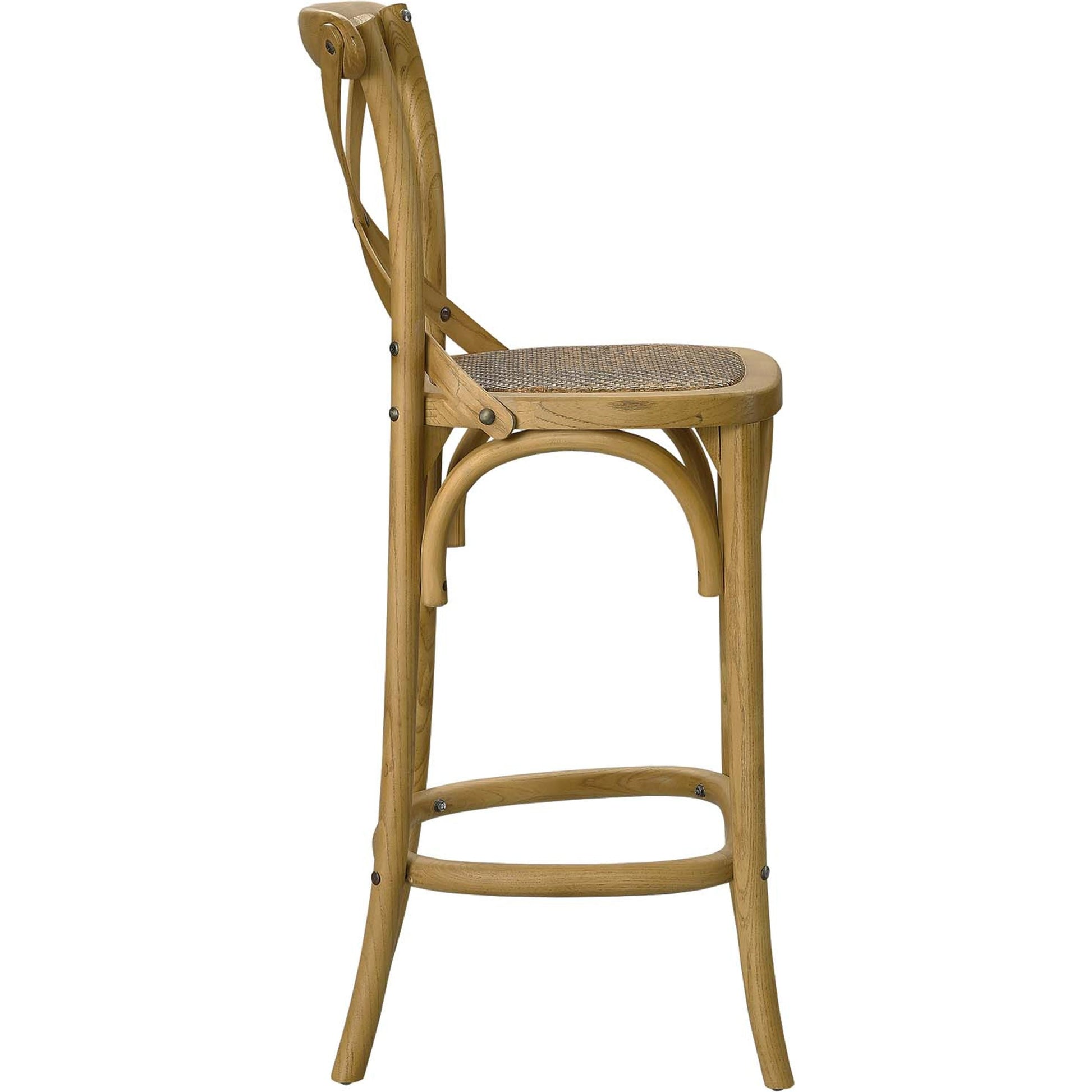 Easton Counter Stool by Evans & Londeen. Made from seat board: edge chinese elm wood, middle p2 plywood, top rattan, white foot pins in a transitional style.