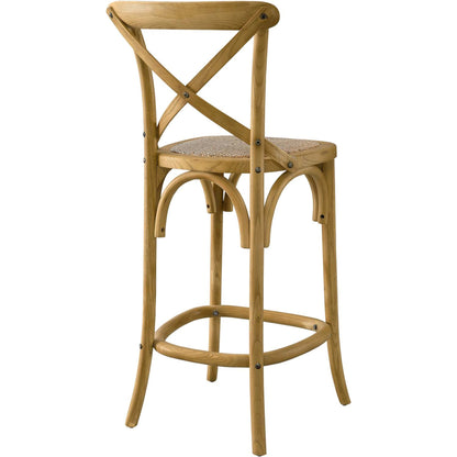 Easton Counter Stool by Evans & Londeen. Made from seat board: edge chinese elm wood, middle p2 plywood, top rattan, white foot pins in a transitional style.