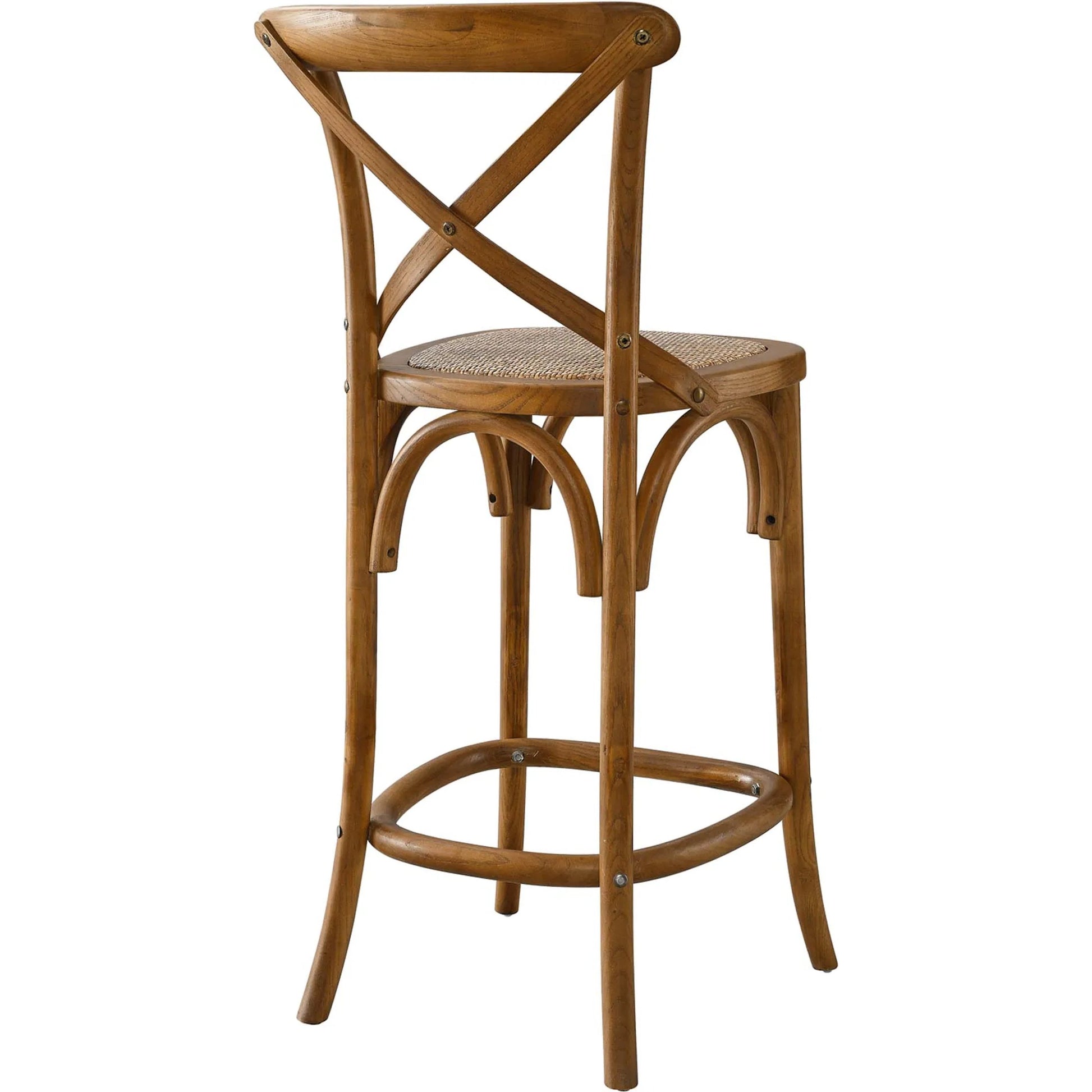 Easton Counter Stool by Evans & Londeen. Made from seat board: edge chinese elm wood, middle p2 plywood, top rattan, white foot pins in a transitional style.