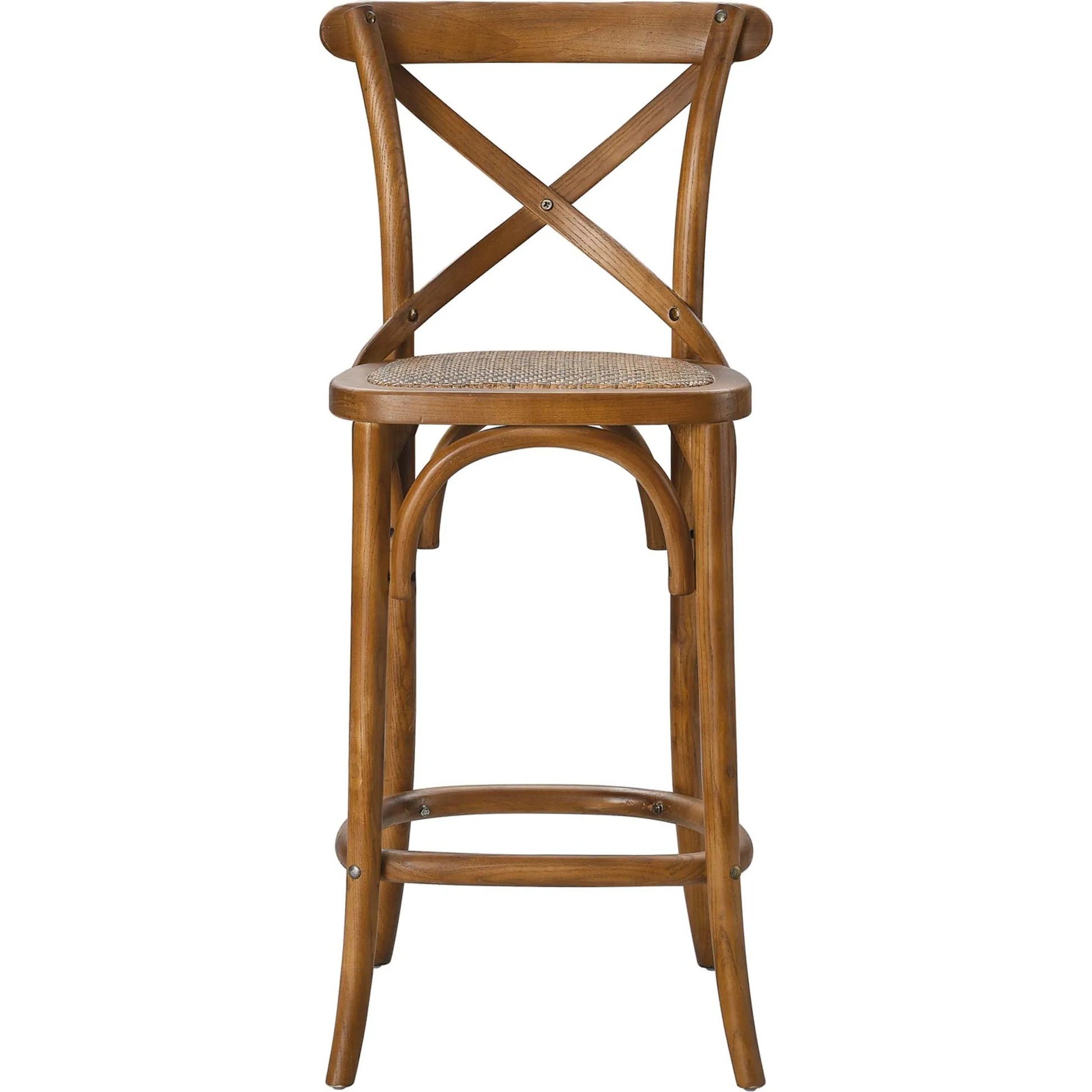 Easton Counter Stool by Evans & Londeen. Made from seat board: edge chinese elm wood, middle p2 plywood, top rattan, white foot pins in a transitional style.
