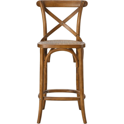 Easton Counter Stool by Evans & Londeen. Made from seat board: edge chinese elm wood, middle p2 plywood, top rattan, white foot pins in a transitional style.