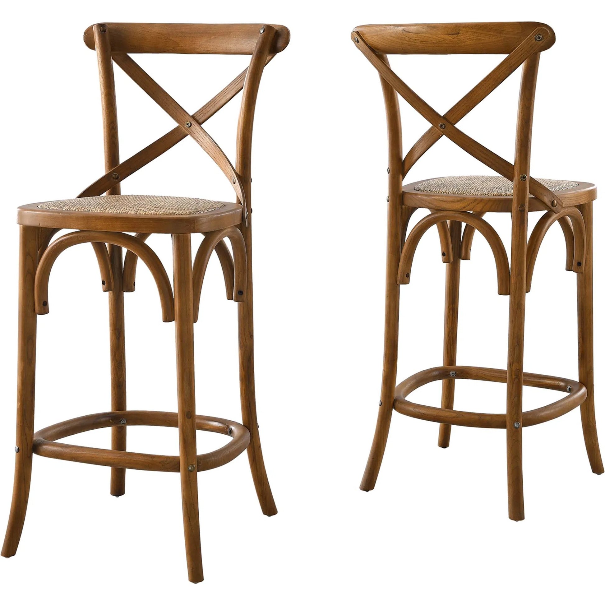 Easton Counter Stool by Evans & Londeen. Made from seat board: edge chinese elm wood, middle p2 plywood, top rattan, white foot pins in a transitional style.