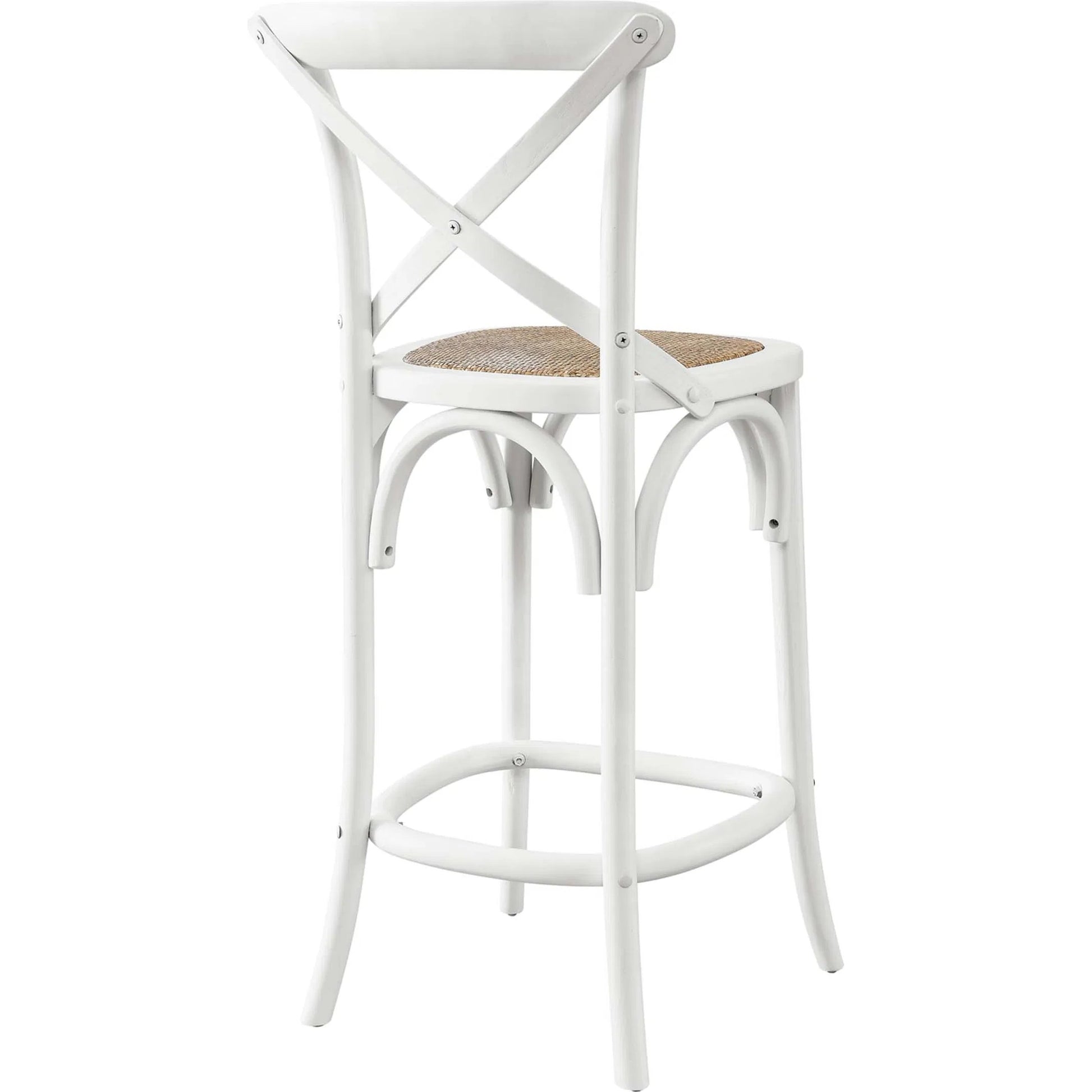 Easton Counter Stool by Evans & Londeen. Made from seat board: edge chinese elm wood, middle p2 plywood, top rattan, white foot pins in a transitional style.