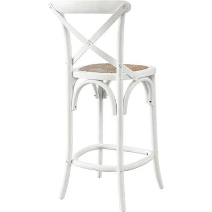 Easton Counter Stool by Evans & Londeen. Made from seat board: edge chinese elm wood, middle p2 plywood, top rattan, white foot pins in a transitional style.