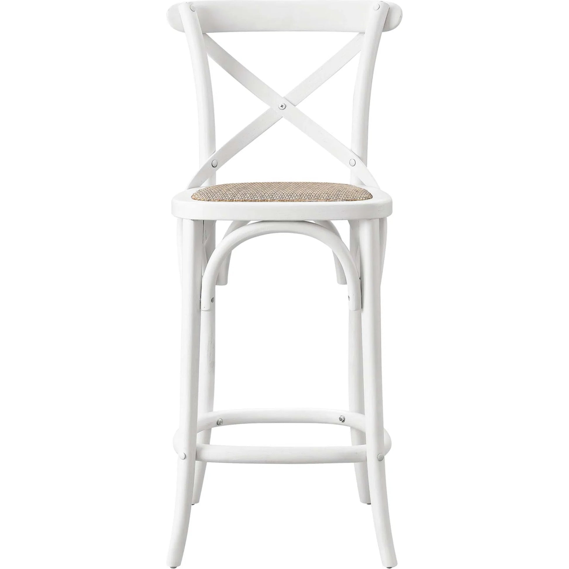 Easton Counter Stool by Evans & Londeen. Made from seat board: edge chinese elm wood, middle p2 plywood, top rattan, white foot pins in a transitional style.