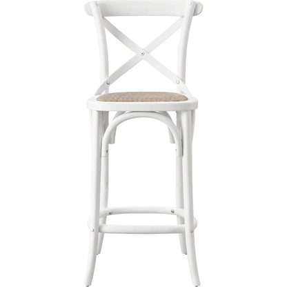 Easton Counter Stool by Evans & Londeen. Made from seat board: edge chinese elm wood, middle p2 plywood, top rattan, white foot pins in a transitional style.