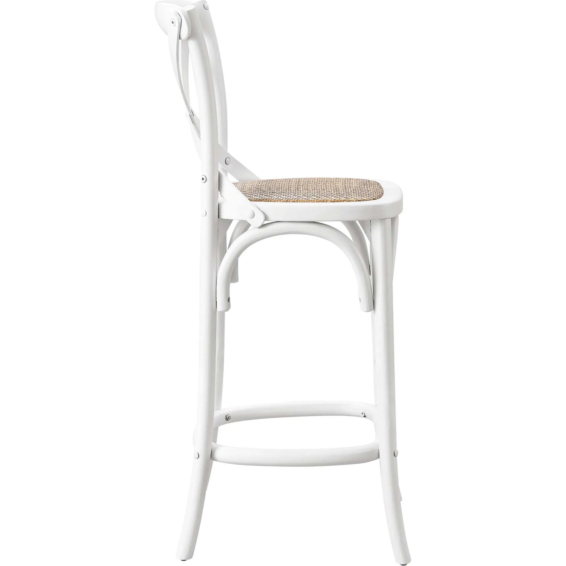 Easton Counter Stool by Evans & Londeen. Made from seat board: edge chinese elm wood, middle p2 plywood, top rattan, white foot pins in a transitional style.