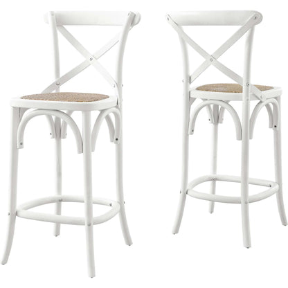 Easton Counter Stool by Evans & Londeen. Made from seat board: edge chinese elm wood, middle p2 plywood, top rattan, white foot pins in a transitional style.