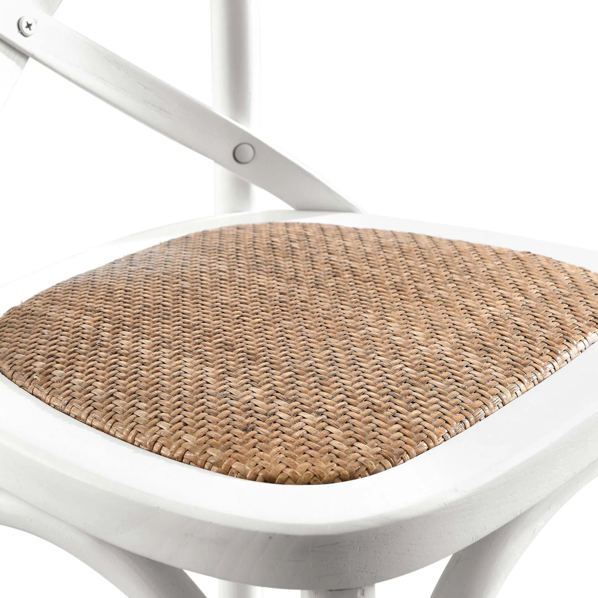 Easton Counter Stool by Evans & Londeen. Made from seat board: edge chinese elm wood, middle p2 plywood, top rattan, white foot pins in a transitional style.