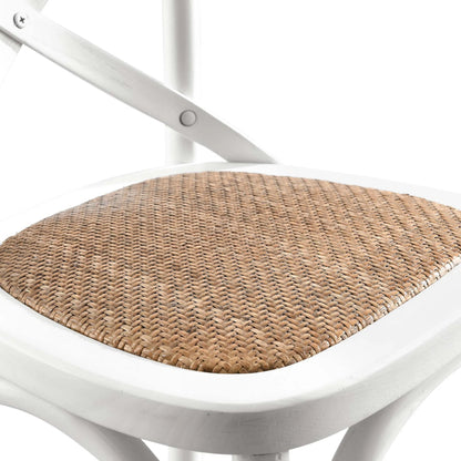 Easton Counter Stool by Evans & Londeen. Made from seat board: edge chinese elm wood, middle p2 plywood, top rattan, white foot pins in a transitional style.