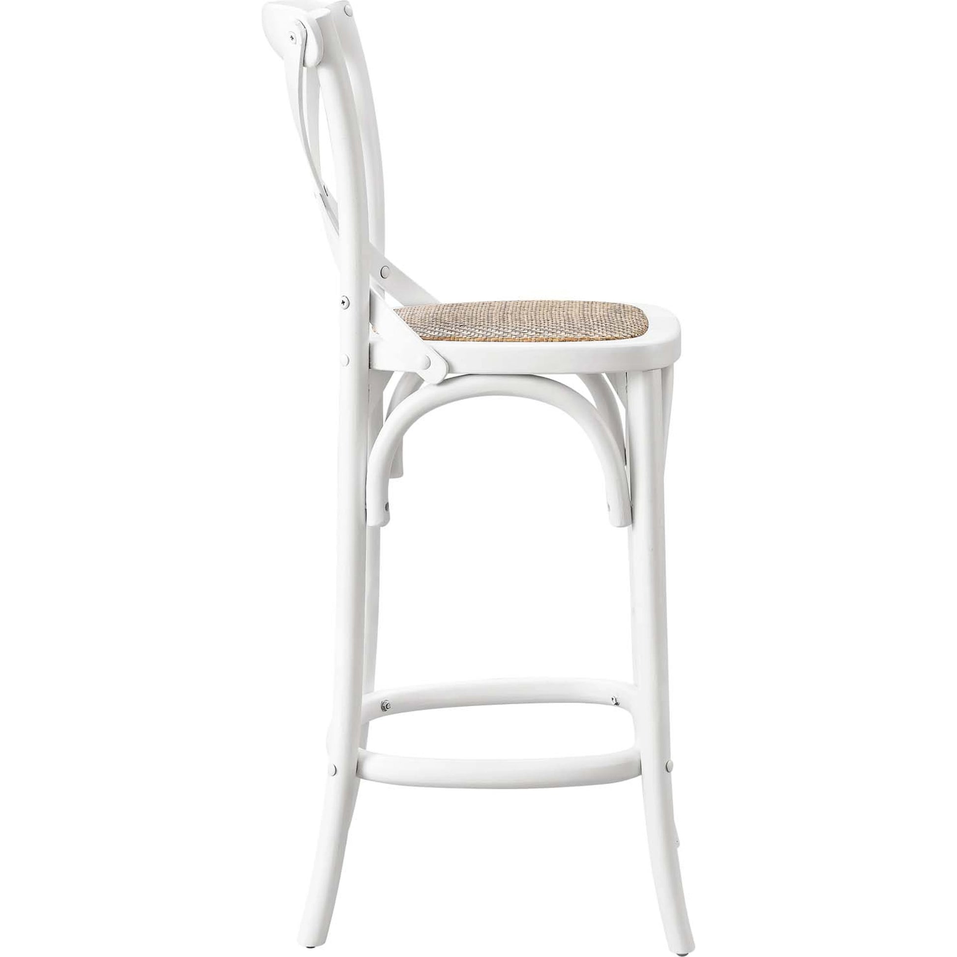 Easton Counter Stool by Evans & Londeen. Made from seat board: edge chinese elm wood, middle p2 plywood, top rattan, white foot pins in a transitional style.