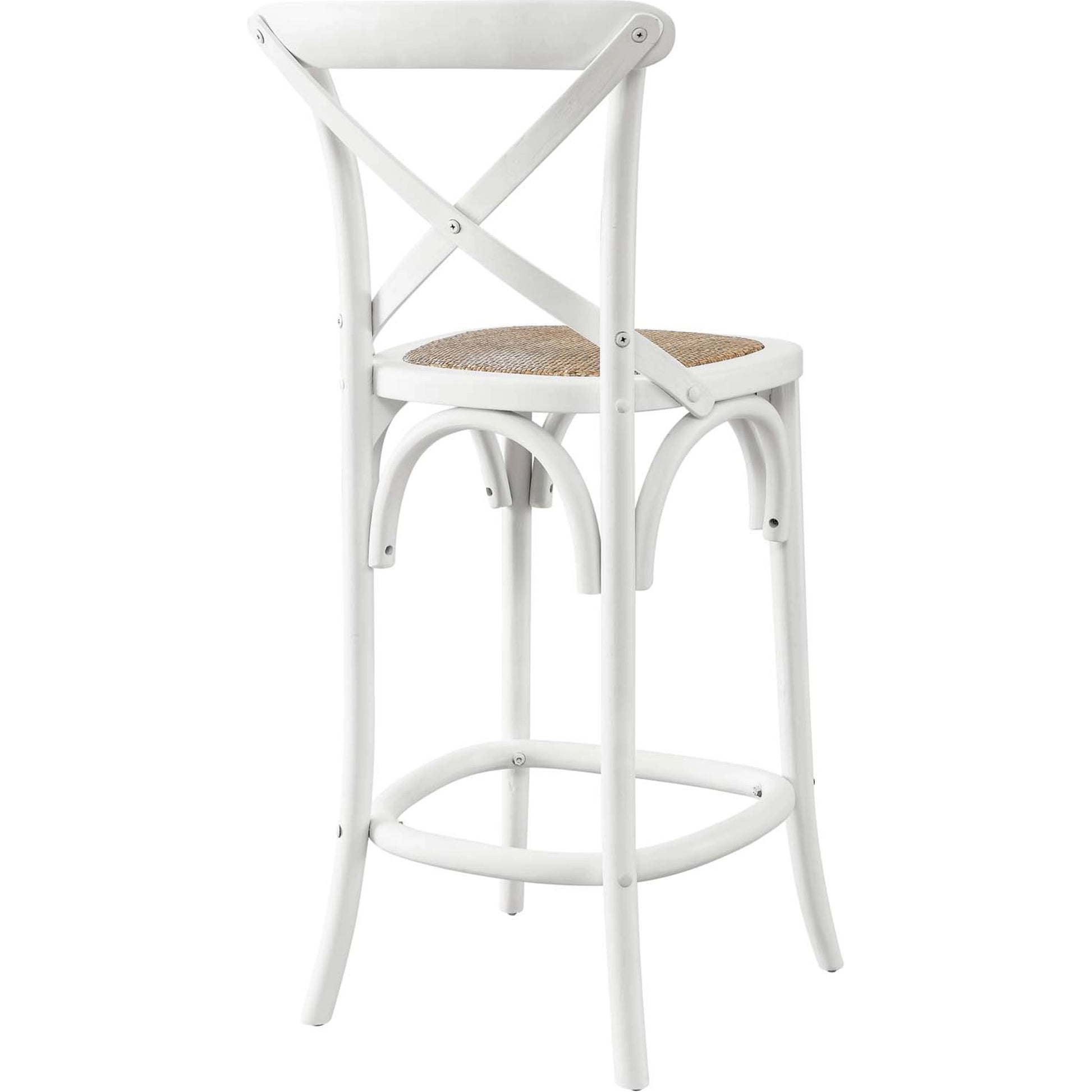 Easton Counter Stool by Evans & Londeen. Made from seat board: edge chinese elm wood, middle p2 plywood, top rattan, white foot pins in a transitional style.