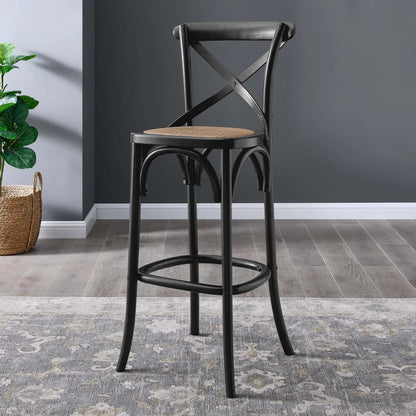 Easton Bar Stool by Evans & Londeen. Made from edge chinese elm wood, middle p2 plywood, top rattan, white foot pins in a cottage & farmhouse style.