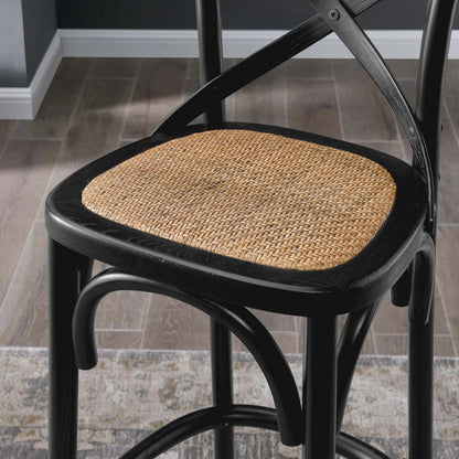 Easton Bar Stool by Evans & Londeen. Made from edge chinese elm wood, middle p2 plywood, top rattan, white foot pins in a cottage & farmhouse style.
