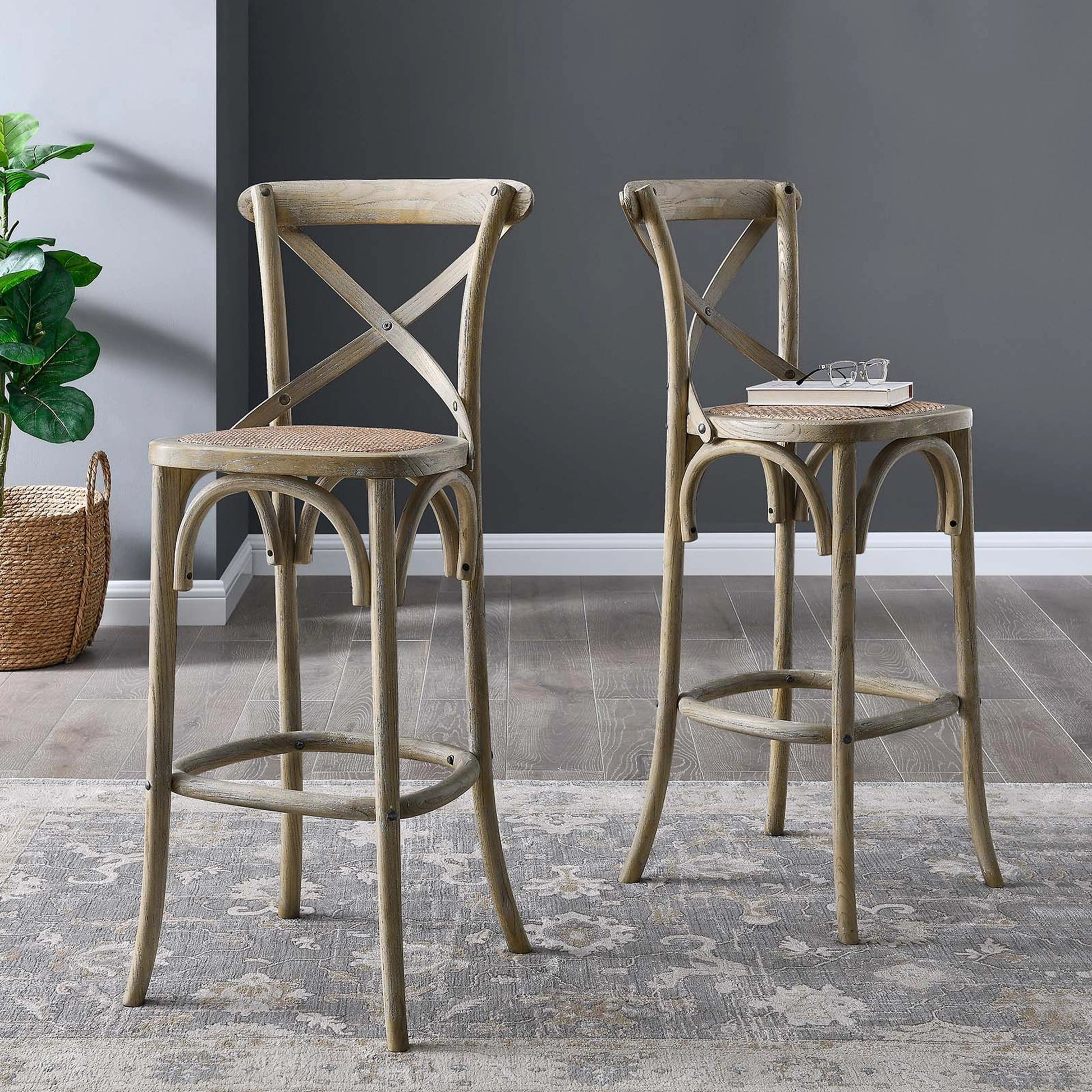 Easton Bar Stool by Evans & Londeen. Made from edge chinese elm wood, middle p2 plywood, top rattan, white foot pins in a cottage & farmhouse style.