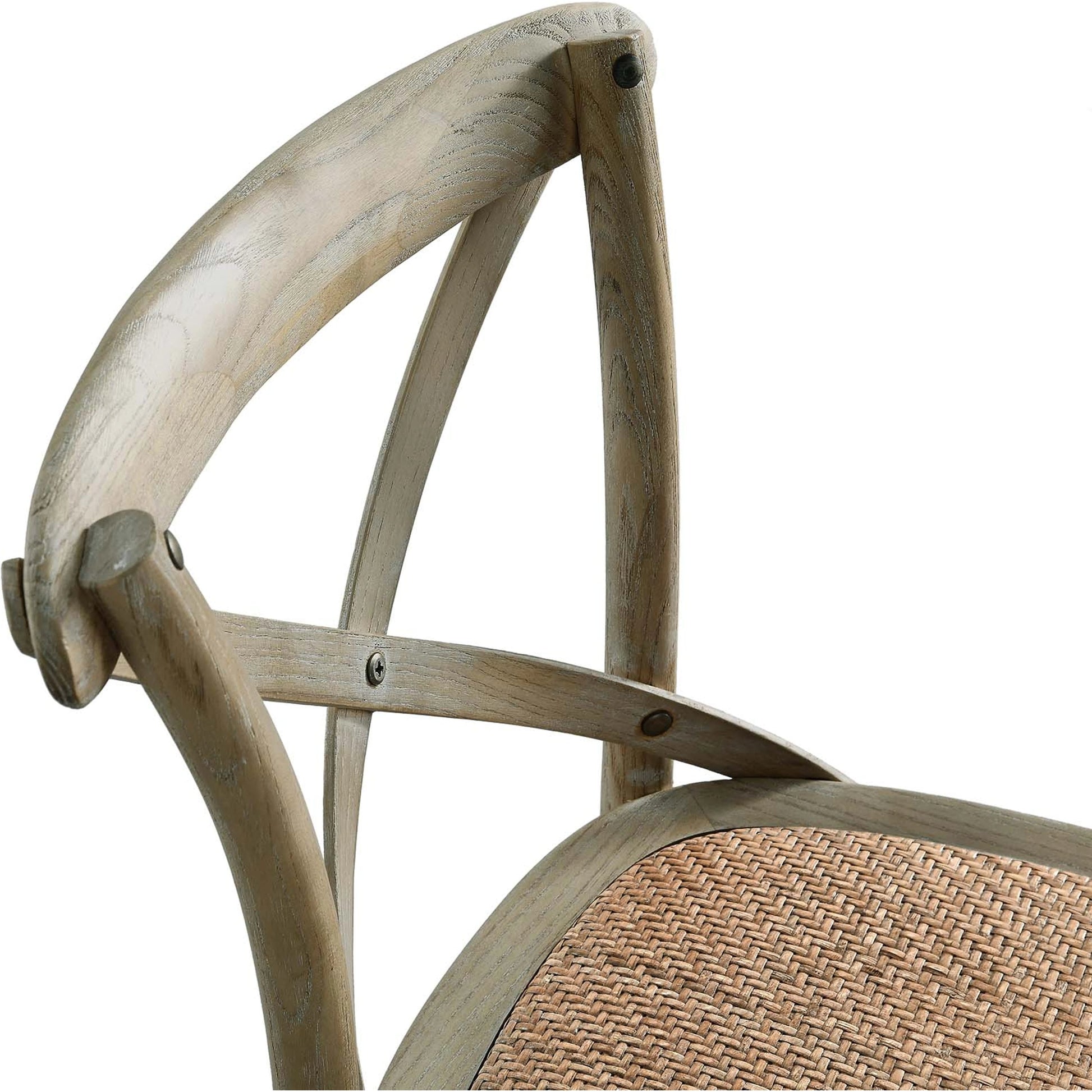 Easton Bar Stool by Evans & Londeen. Made from edge chinese elm wood, middle p2 plywood, top rattan, white foot pins in a cottage & farmhouse style.