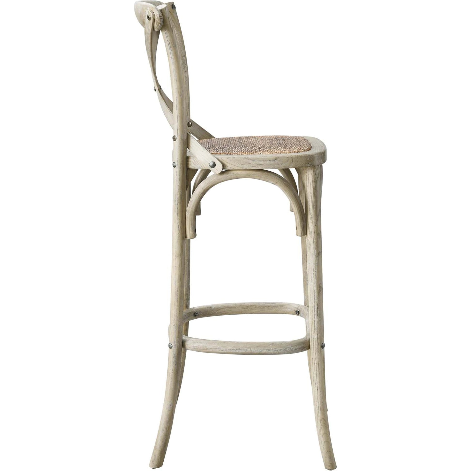 Easton Bar Stool by Evans & Londeen. Made from edge chinese elm wood, middle p2 plywood, top rattan, white foot pins in a cottage & farmhouse style.