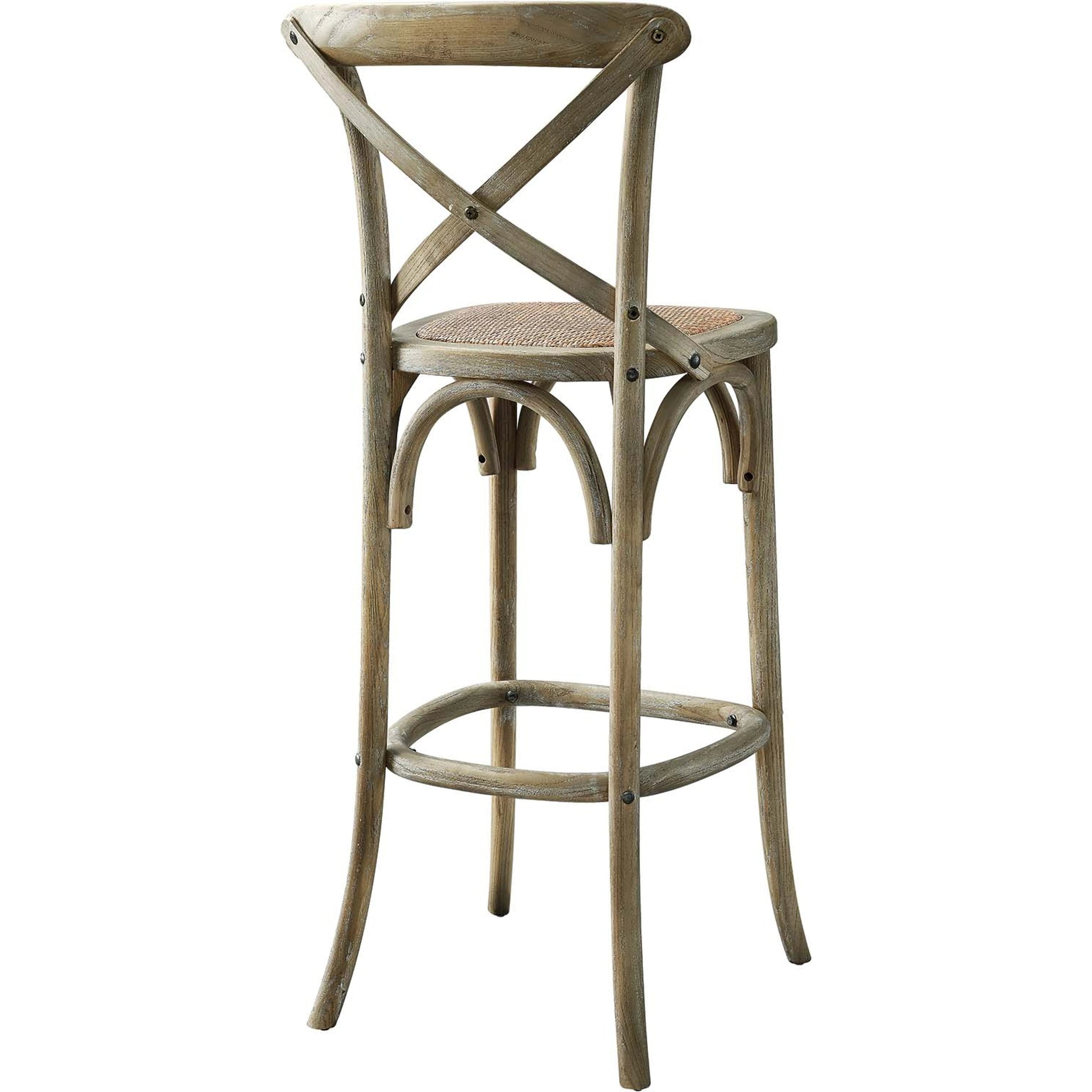 Easton Bar Stool by Evans & Londeen. Made from edge chinese elm wood, middle p2 plywood, top rattan, white foot pins in a cottage & farmhouse style.