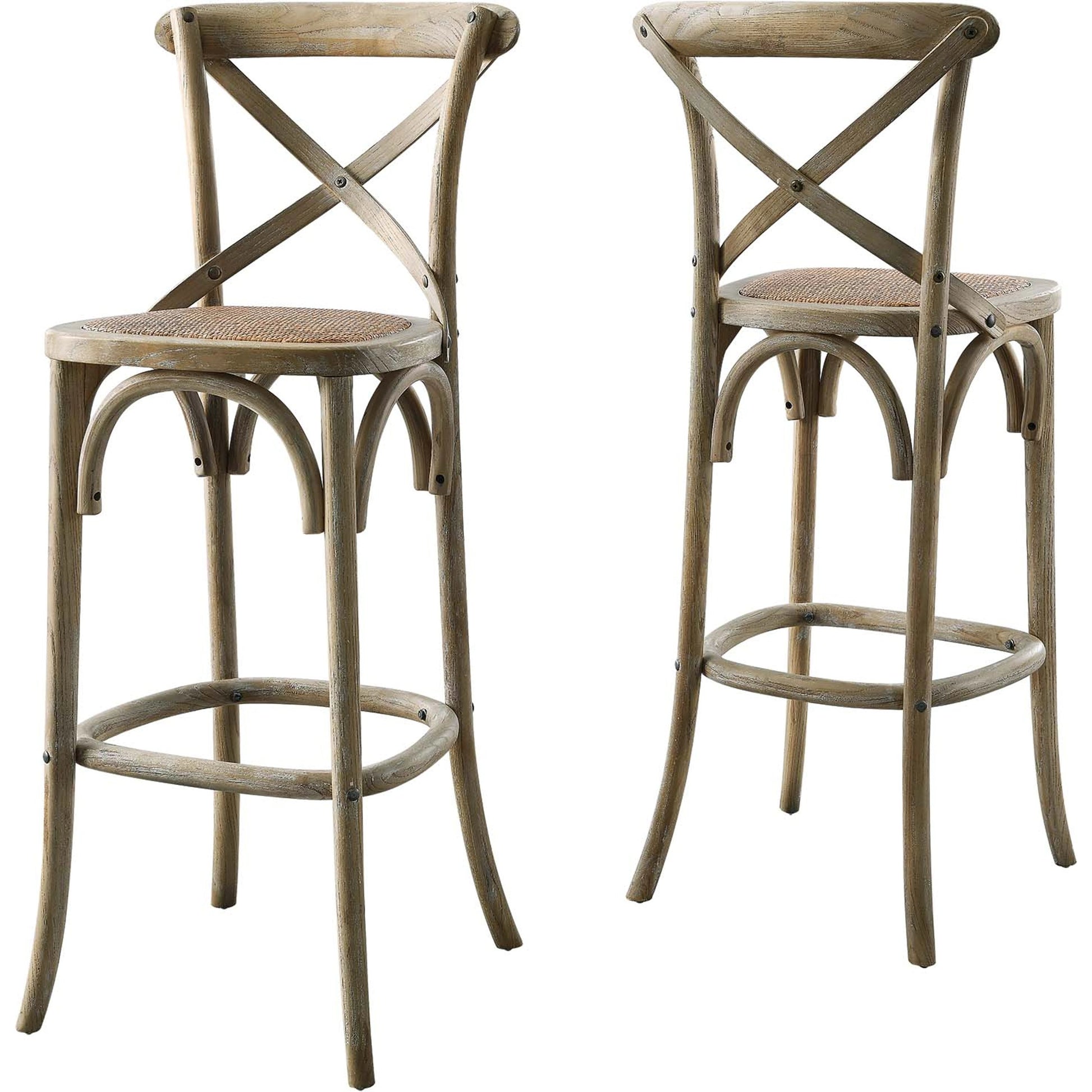 Easton Bar Stool by Evans & Londeen. Made from edge chinese elm wood, middle p2 plywood, top rattan, white foot pins in a cottage & farmhouse style.