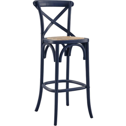 Easton Bar Stool by Evans & Londeen. Made from edge chinese elm wood, middle p2 plywood, top rattan, white foot pins in a cottage & farmhouse style.