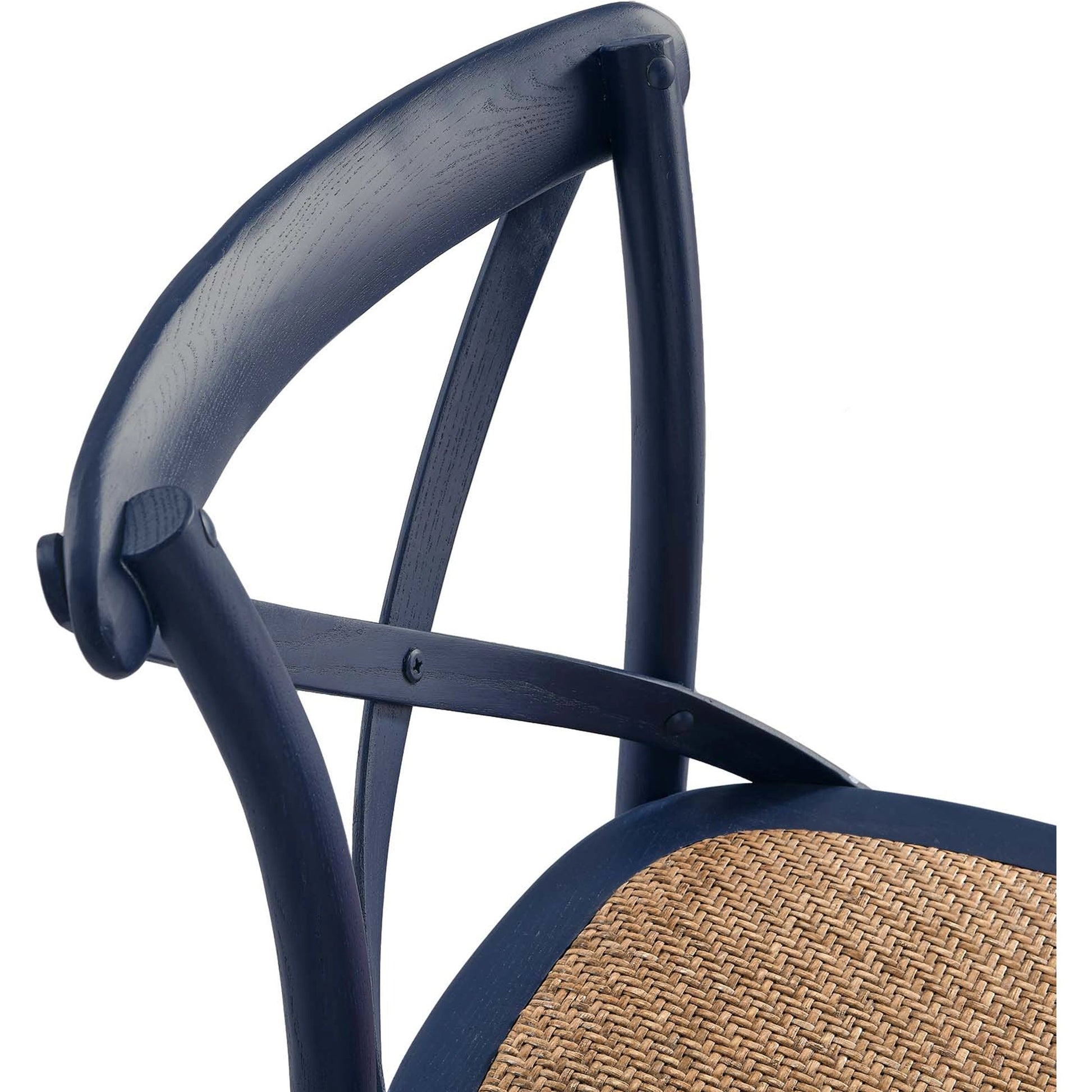 Easton Bar Stool by Evans & Londeen. Made from edge chinese elm wood, middle p2 plywood, top rattan, white foot pins in a cottage & farmhouse style.
