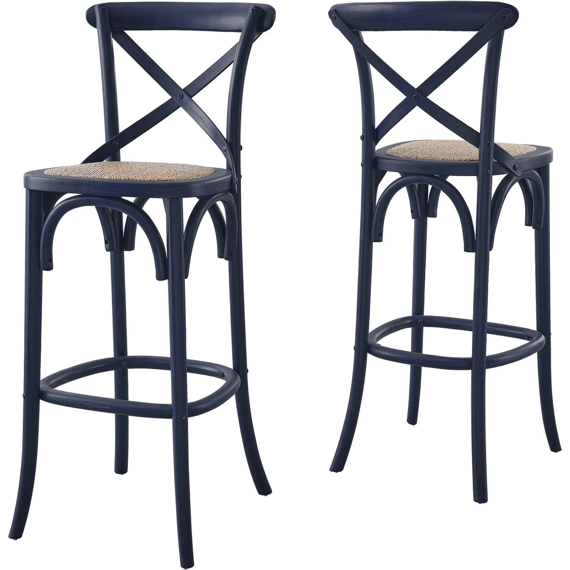 Easton Bar Stool by Evans & Londeen. Made from edge chinese elm wood, middle p2 plywood, top rattan, white foot pins in a cottage & farmhouse style.
