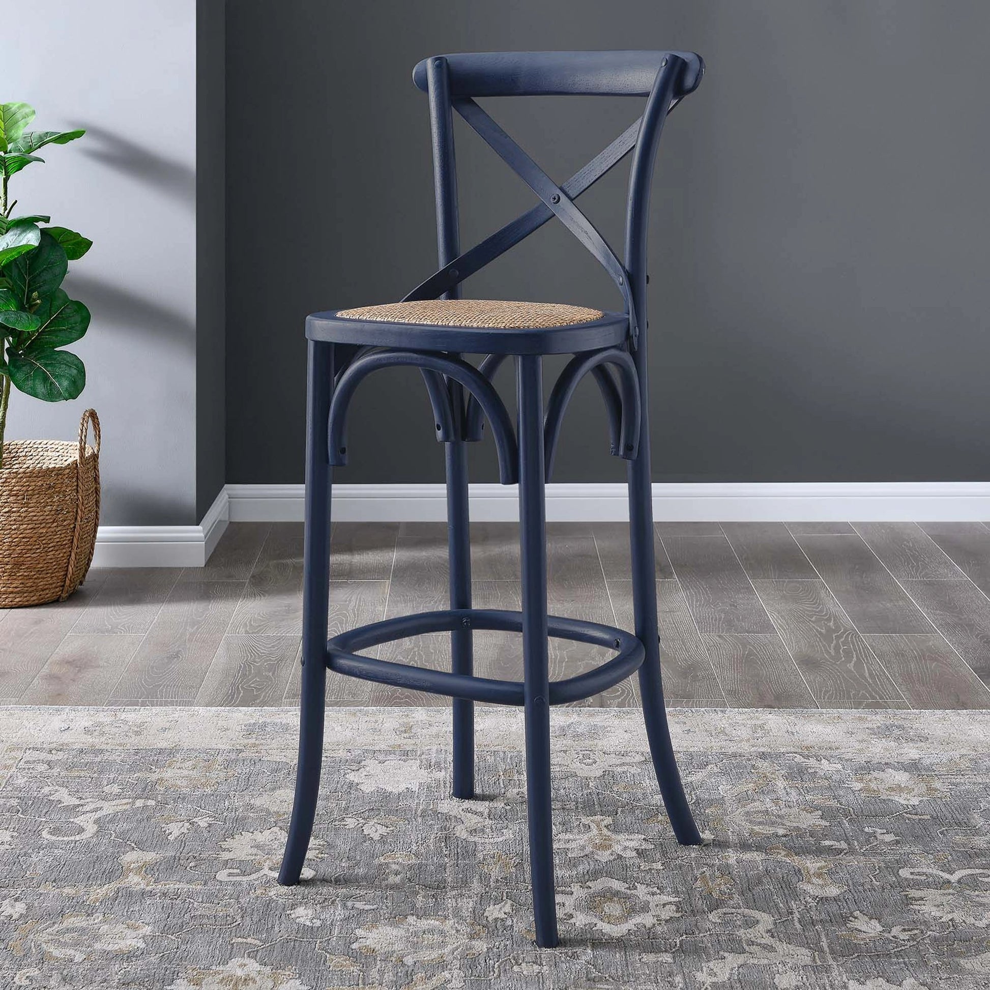 Easton Bar Stool by Evans & Londeen. Made from edge chinese elm wood, middle p2 plywood, top rattan, white foot pins in a cottage & farmhouse style.