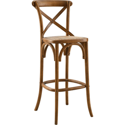 Easton Bar Stool by Evans & Londeen. Made from edge chinese elm wood, middle p2 plywood, top rattan, white foot pins in a cottage & farmhouse style.