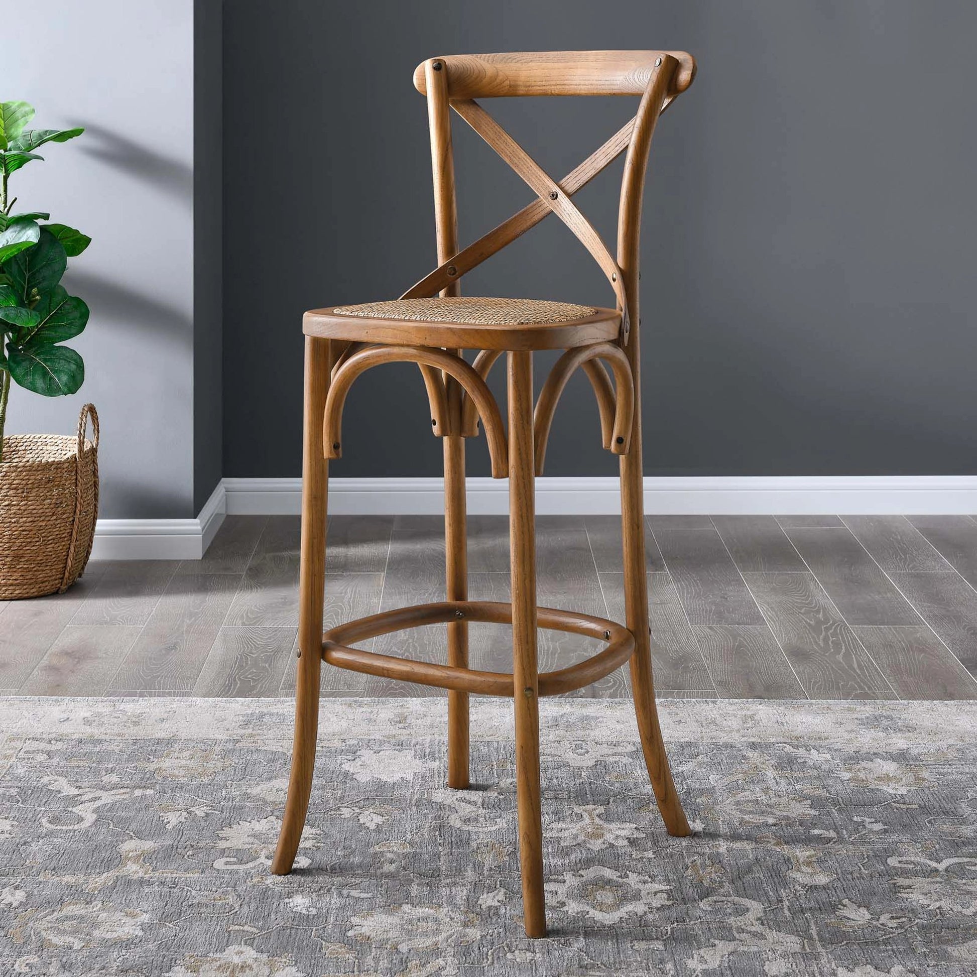 Easton Bar Stool by Evans & Londeen. Made from edge chinese elm wood, middle p2 plywood, top rattan, white foot pins in a cottage & farmhouse style.