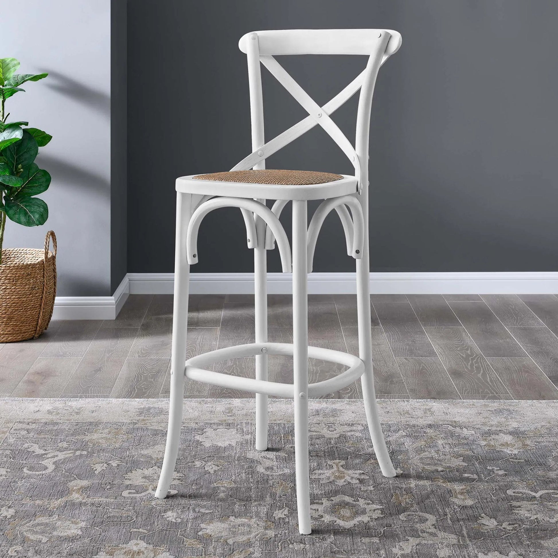 Easton Bar Stool by Evans & Londeen. Made from edge chinese elm wood, middle p2 plywood, top rattan, white foot pins in a cottage & farmhouse style.