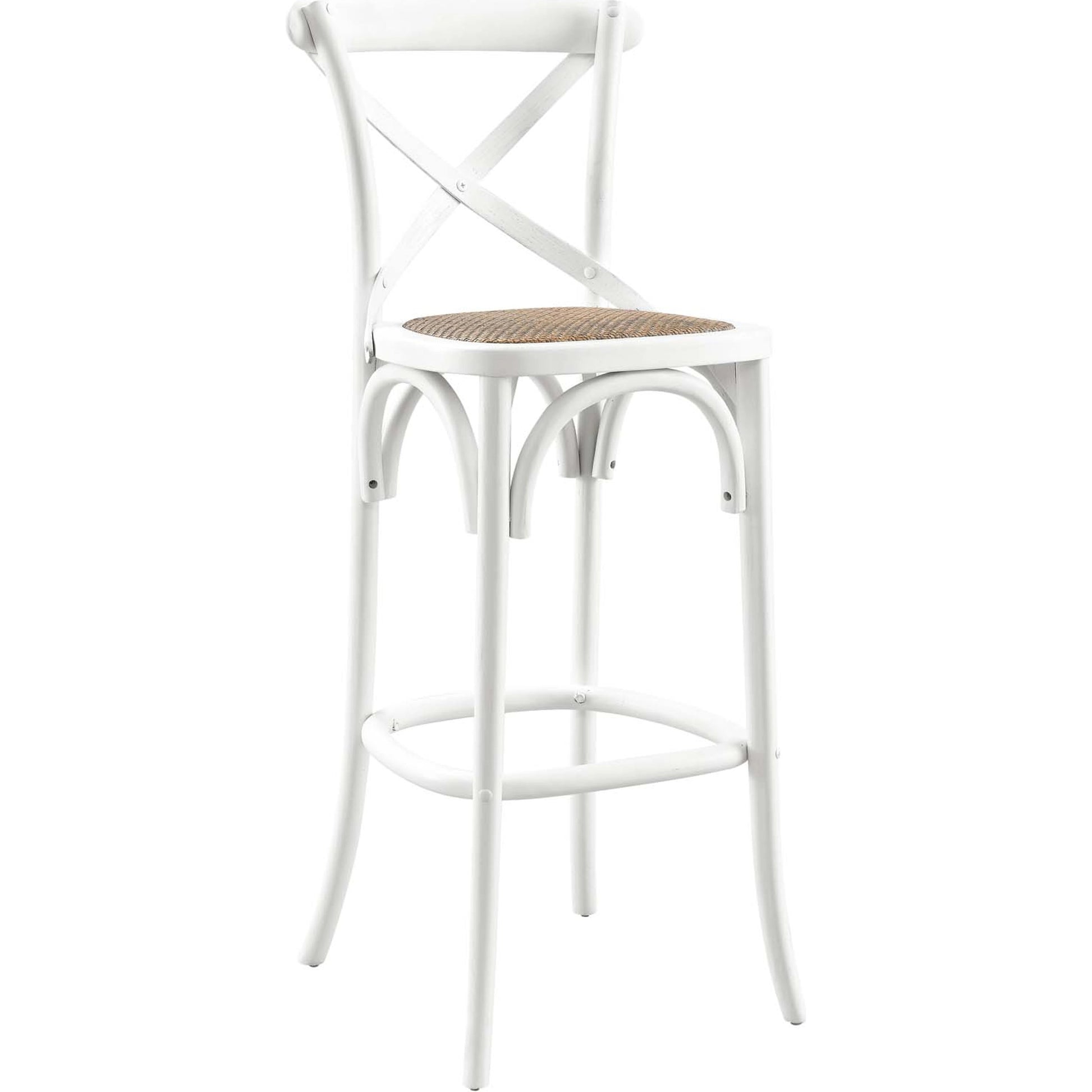 Easton Bar Stool by Evans & Londeen. Made from edge chinese elm wood, middle p2 plywood, top rattan, white foot pins in a cottage & farmhouse style.