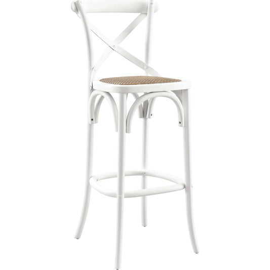 Easton Bar Stool by Evans & Londeen. Made from edge chinese elm wood, middle p2 plywood, top rattan, white foot pins in a cottage & farmhouse style.