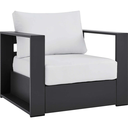 Conejos Powder-Coated Aluminum Armchair by Evans & Londeen. Made from seat cushion: foam density, weimas grey fabric, aluminum white powder coated in a modern style.