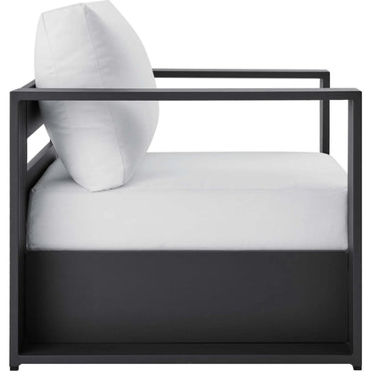 Conejos Powder-Coated Aluminum Armchair by Evans & Londeen. Made from seat cushion: foam density, weimas grey fabric, aluminum white powder coated in a modern style.