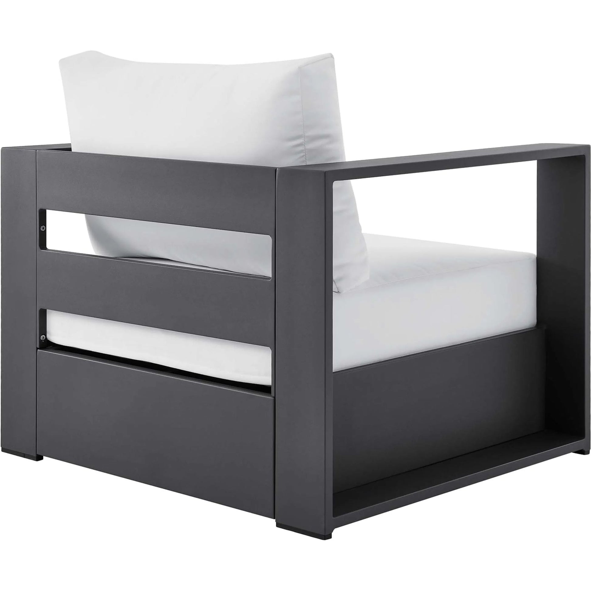 Conejos Powder-Coated Aluminum Armchair by Evans & Londeen. Made from seat cushion: foam density, weimas grey fabric, aluminum white powder coated in a modern style.