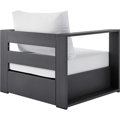 Conejos Powder-Coated Aluminum Armchair by Evans & Londeen. Made from seat cushion: foam density, weimas grey fabric, aluminum white powder coated in a modern style.