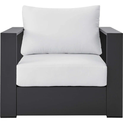 Conejos Powder-Coated Aluminum Armchair by Evans & Londeen. Made from seat cushion: foam density, weimas grey fabric, aluminum white powder coated in a modern style.