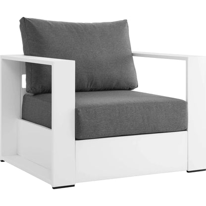 Conejos Powder-Coated Aluminum Armchair by Evans & Londeen. Made from seat cushion: foam density, weimas grey fabric, aluminum white powder coated in a modern style.