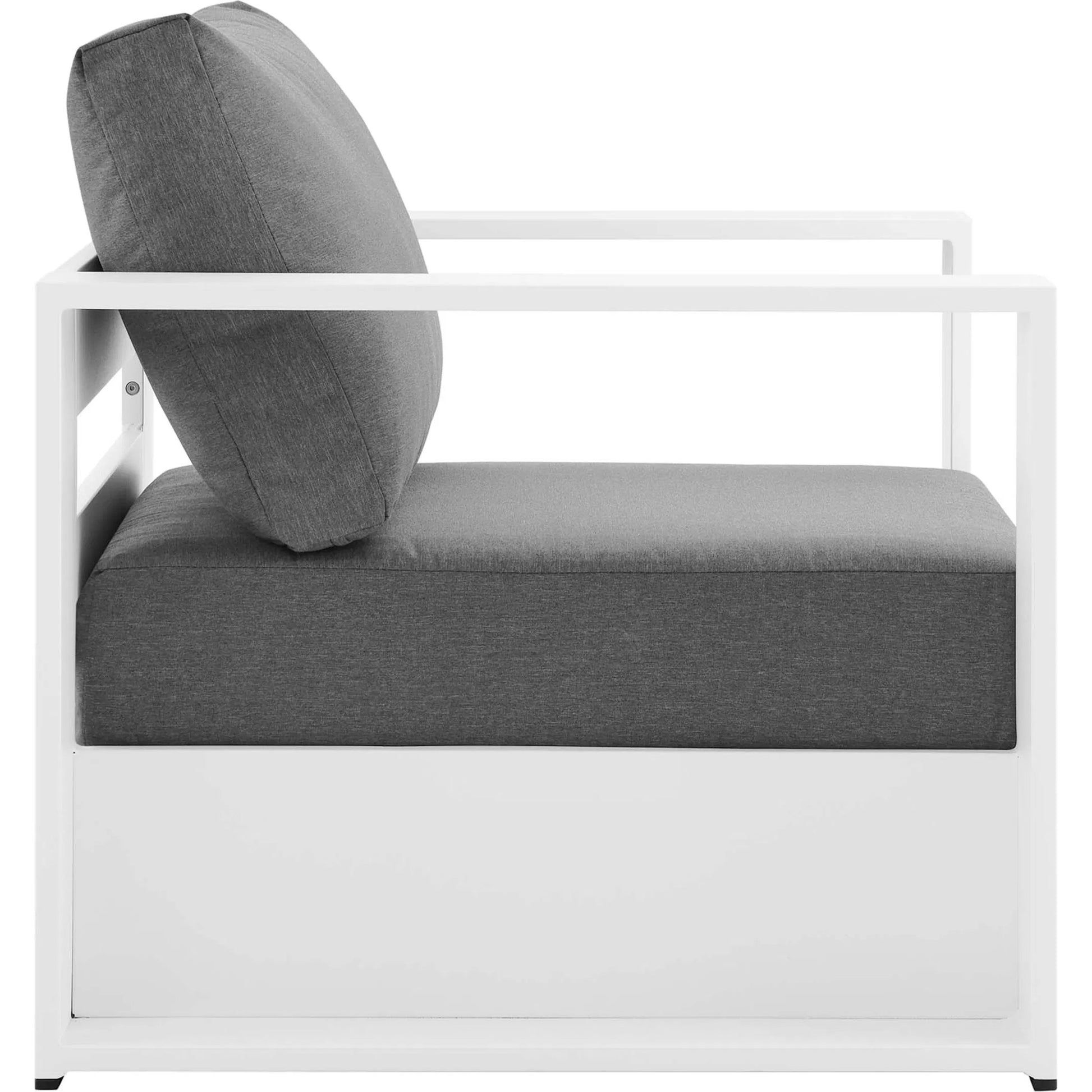 Conejos Powder-Coated Aluminum Armchair by Evans & Londeen. Made from seat cushion: foam density, weimas grey fabric, aluminum white powder coated in a modern style.