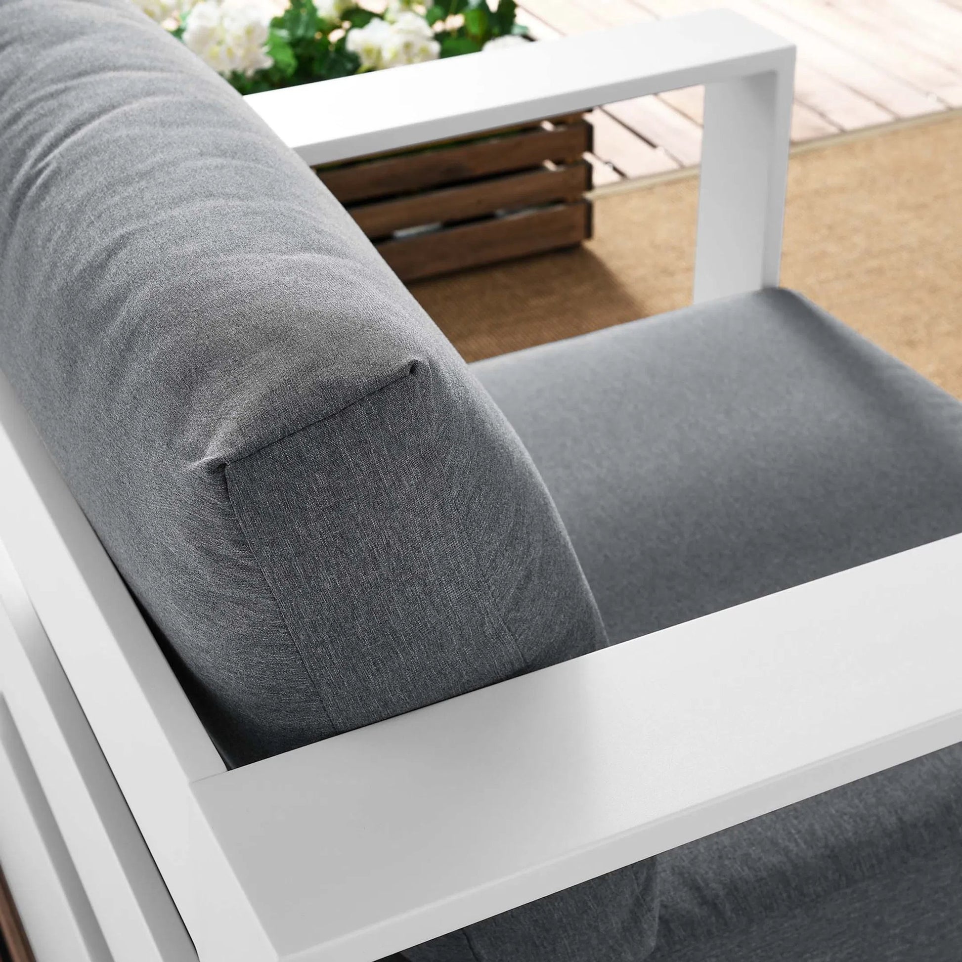 Conejos Powder-Coated Aluminum Armchair by Evans & Londeen. Made from seat cushion: foam density, weimas grey fabric, aluminum white powder coated in a modern style.