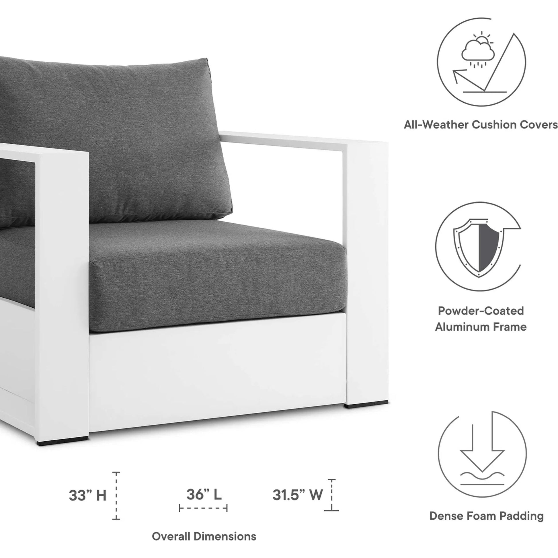 Conejos Powder-Coated Aluminum Armchair by Evans & Londeen. Made from seat cushion: foam density, weimas grey fabric, aluminum white powder coated in a modern style.