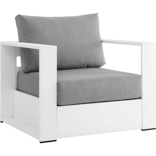 Conejos Powder-Coated Aluminum Armchair by Evans & Londeen. Made from seat cushion: foam density, weimas grey fabric, aluminum white powder coated in a modern style.