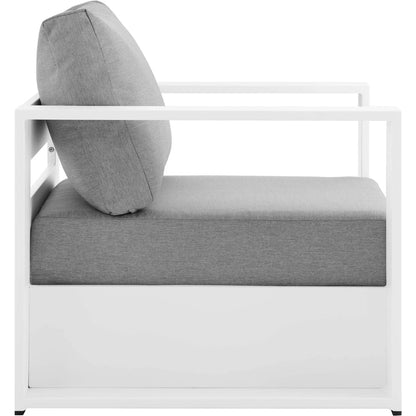 Conejos Powder-Coated Aluminum Armchair by Evans & Londeen. Made from seat cushion: foam density, weimas grey fabric, aluminum white powder coated in a modern style.