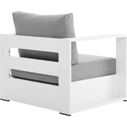 Conejos Powder-Coated Aluminum Armchair by Evans & Londeen. Made from seat cushion: foam density, weimas grey fabric, aluminum white powder coated in a modern style.