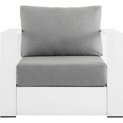 Conejos Powder-Coated Aluminum Armchair by Evans & Londeen. Made from seat cushion: foam density, weimas grey fabric, aluminum white powder coated in a modern style.