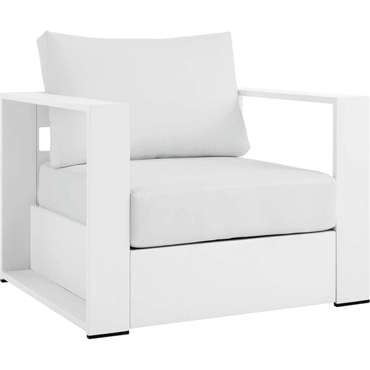 Conejos Powder-Coated Aluminum Armchair by Evans & Londeen. Made from seat cushion: foam density, weimas grey fabric, aluminum white powder coated in a modern style.