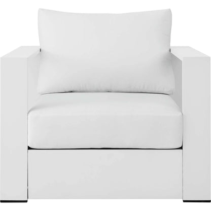 Conejos Powder-Coated Aluminum Armchair by Evans & Londeen. Made from seat cushion: foam density, weimas grey fabric, aluminum white powder coated in a modern style.