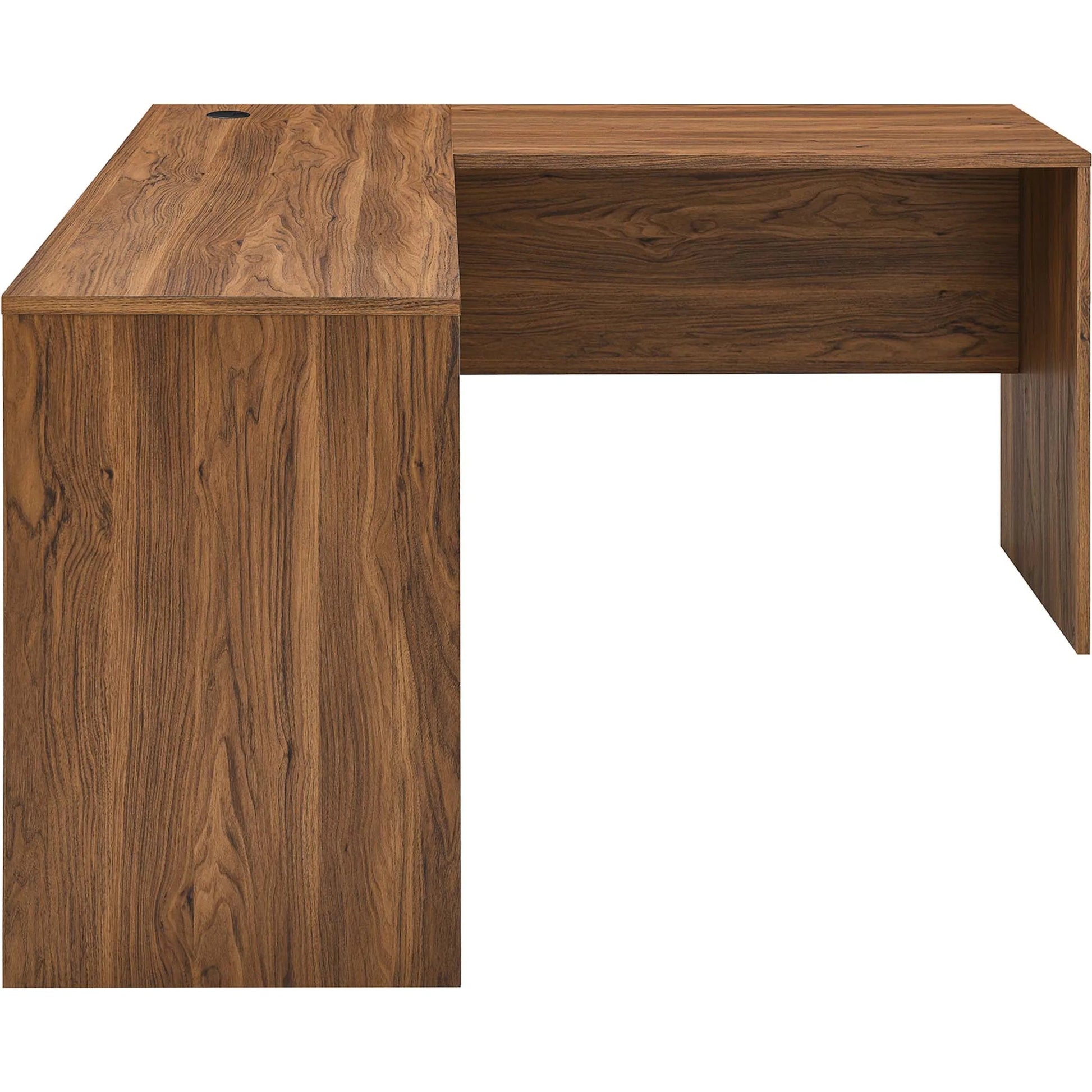 Nicholas L-Shaped Wood Office Desk by Evans & Londeen in walnut. Made from particle board, mdf, engineering wood with straight profile, pp toppan walnut, paper lamination, keyboard tray, tray runner, grommet cover, weight capacity: 150