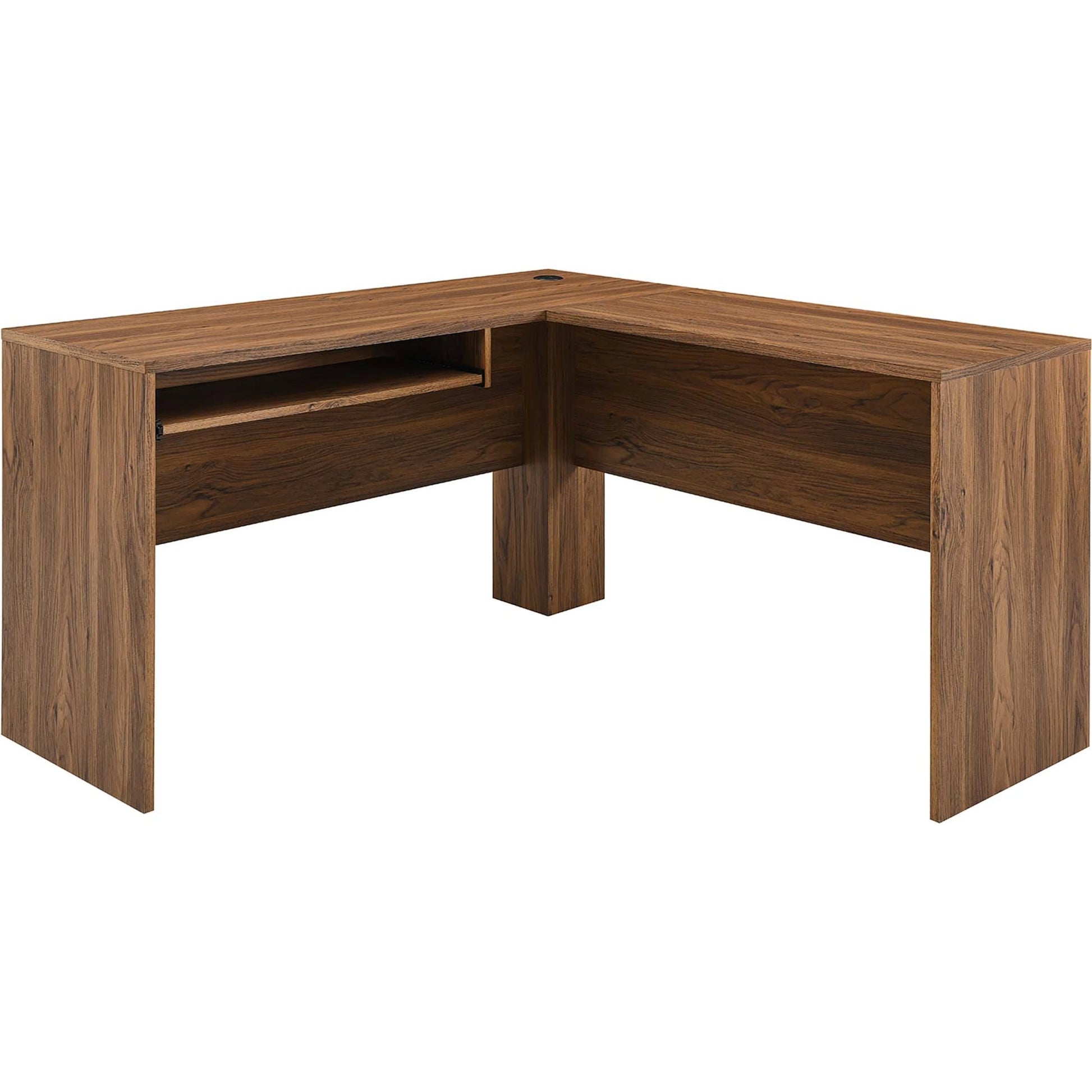 Nicholas L-Shaped Wood Office Desk by Evans & Londeen in walnut. Made from particle board, mdf, engineering wood with straight profile, pp toppan walnut, paper lamination, keyboard tray, tray runner, grommet cover, weight capacity: 150