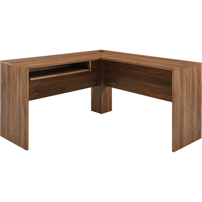 Nicholas L-Shaped Wood Office Desk by Evans & Londeen in walnut. Made from particle board, mdf, engineering wood with straight profile, pp toppan walnut, paper lamination, keyboard tray, tray runner, grommet cover, weight capacity: 150